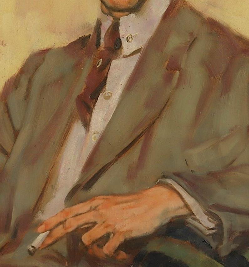 Portrait of a Gentleman with a Cigarette - 1920's Art Deco Oil on Board Painting - Brown Portrait Painting by 1920's European School