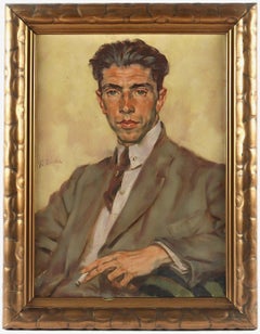 Portrait of a Gentleman with a Cigarette - 1920's Art Deco Oil on Board Painting