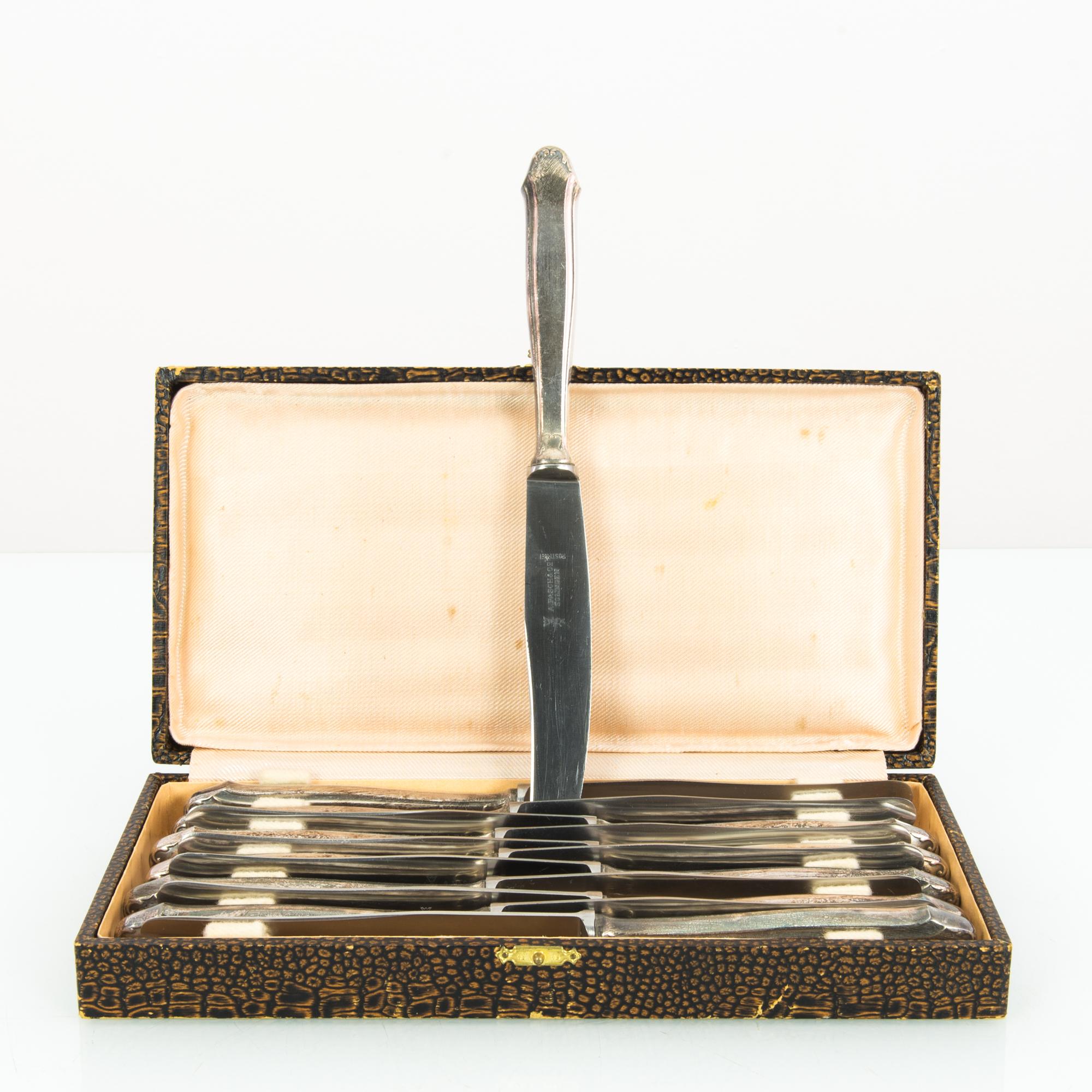 This set of twelve silver-plated knives was made in Europe, circa 1920. They come in a hinged, rectangular box, elegantly lined with beige fabric for a quaint allure. One side of the blade is engraved with “A. PASCHE & CO, SOLINGEN.”