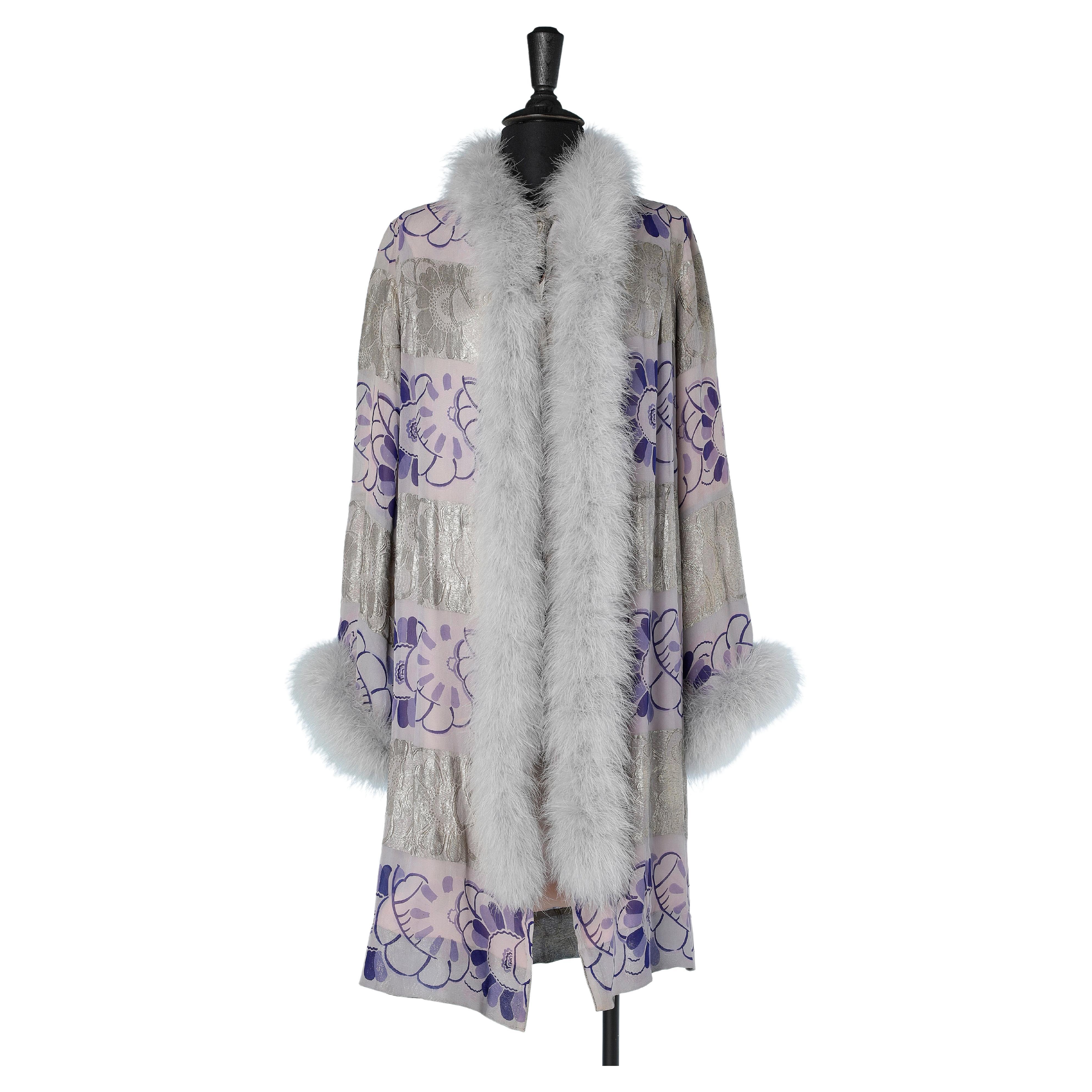 1920's evening coat in printed silk and silver lurex damask with feather edge  For Sale