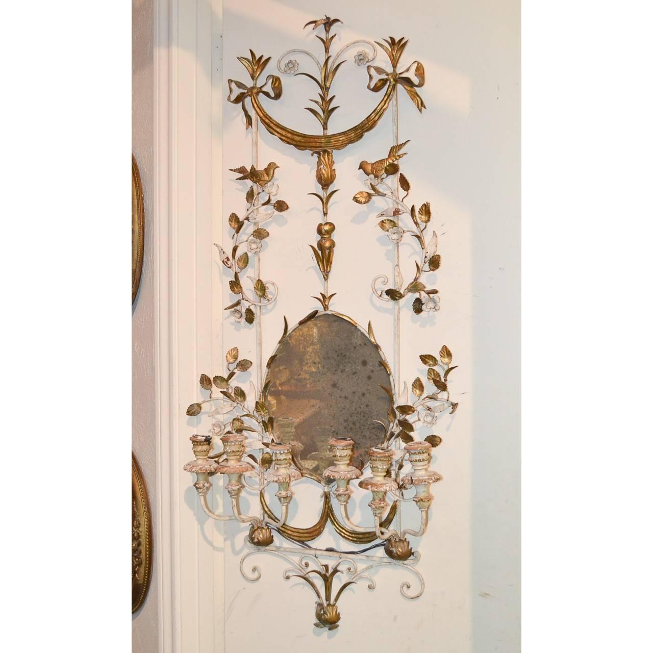 Hand-Painted 1920s Exceptional Parisian Metal Candelabra Sconce