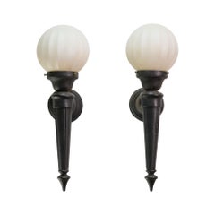 1920s Exterior Black Cast Iron Sconces with Round Fluted & Frosted Glass Globes