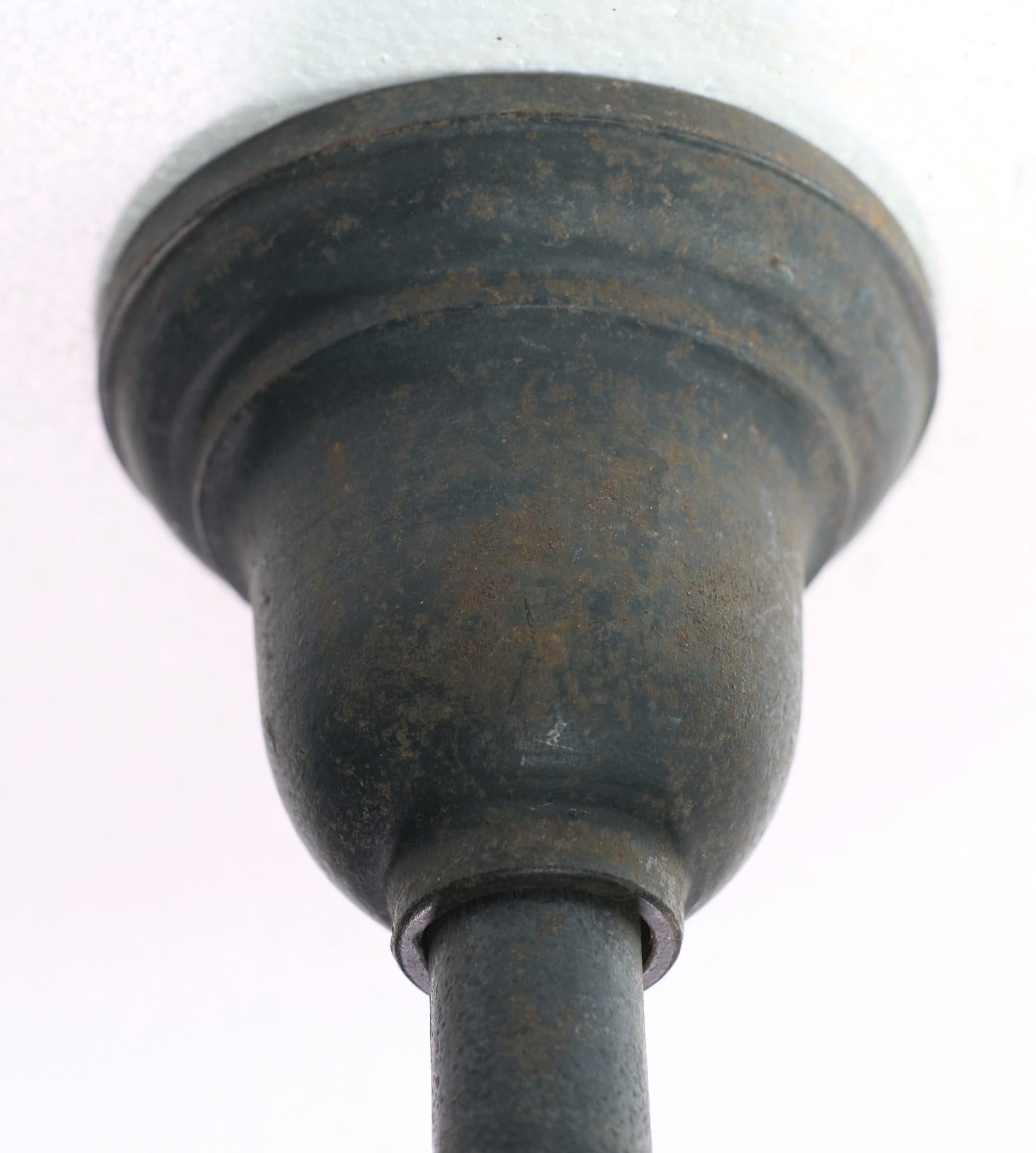Early 20th Century 1920s Exterior Black Cast Iron Sconces with Round Fluted & Frosted Glass Globes