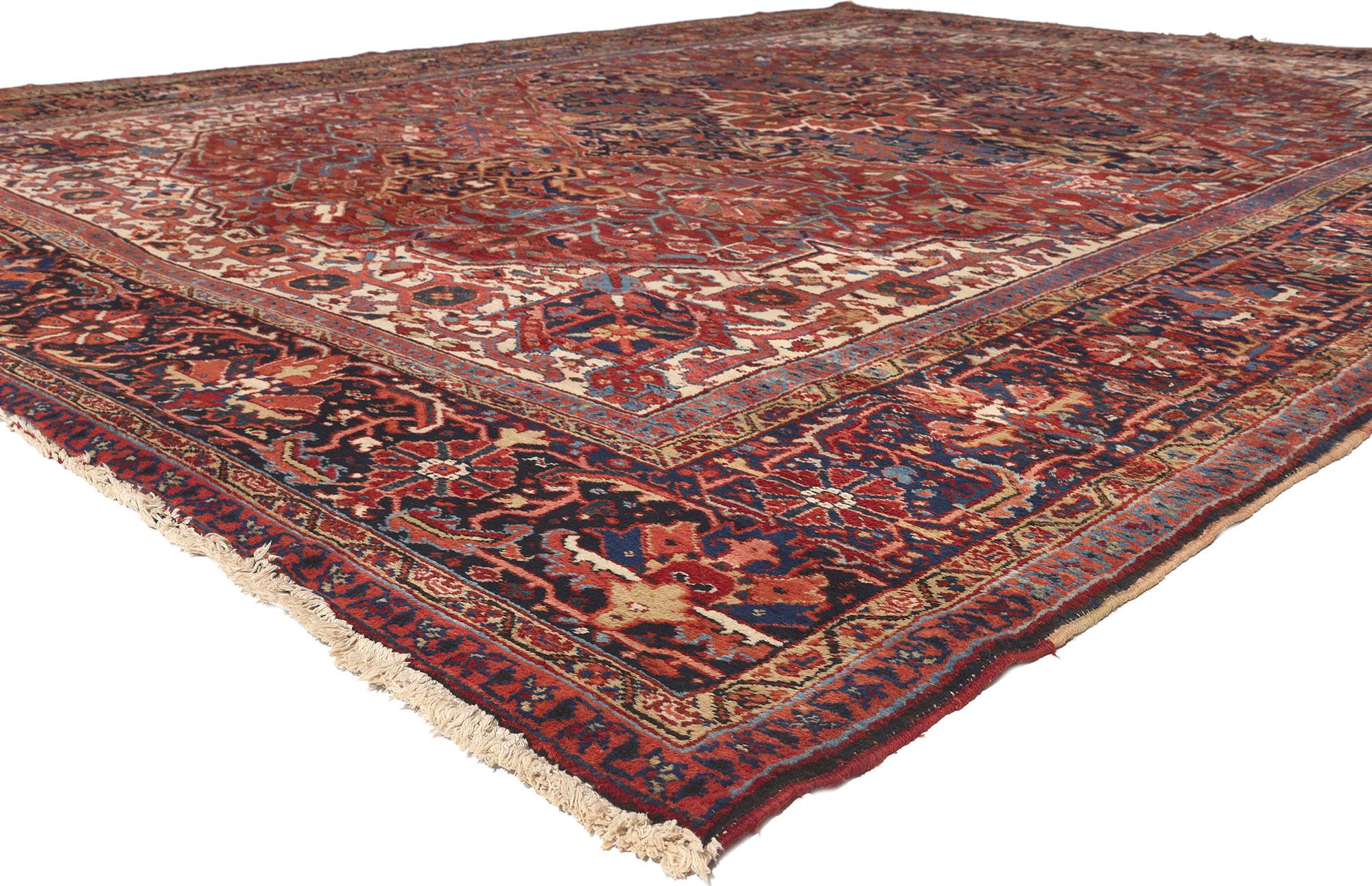 74680 Antique Persian Heriz Rug, 12'00 X 16'00. Uncover the unique charm of Heriz rugs, originating from northwestern Iran and celebrated for their distinct attributes. Handcrafted in the village of Heris, nestled amidst the slopes of Mount Sabalan,