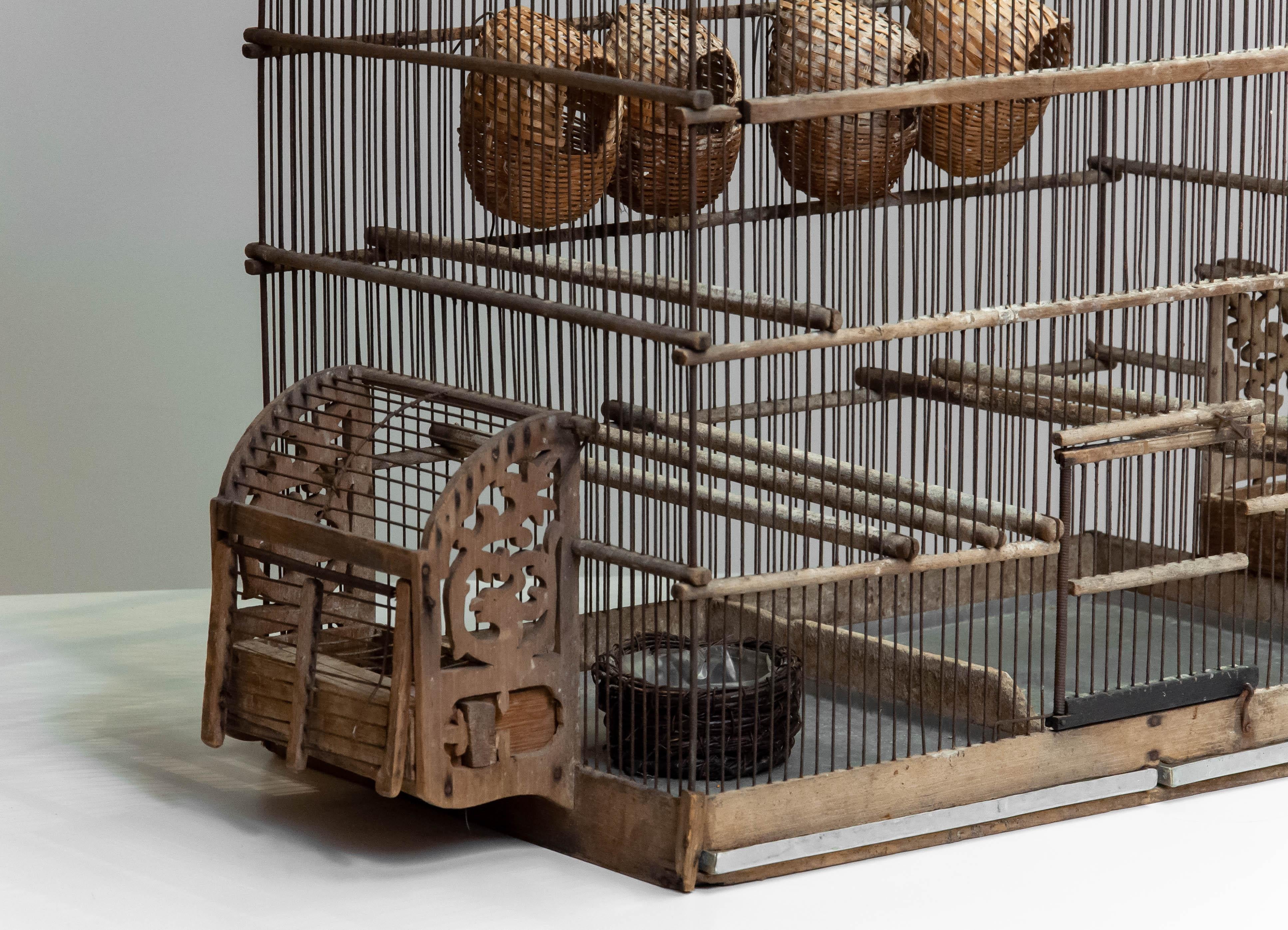 Art Nouveau 1920s Extra Large French Vintage Bird Cage in Rusty Iron and Wood