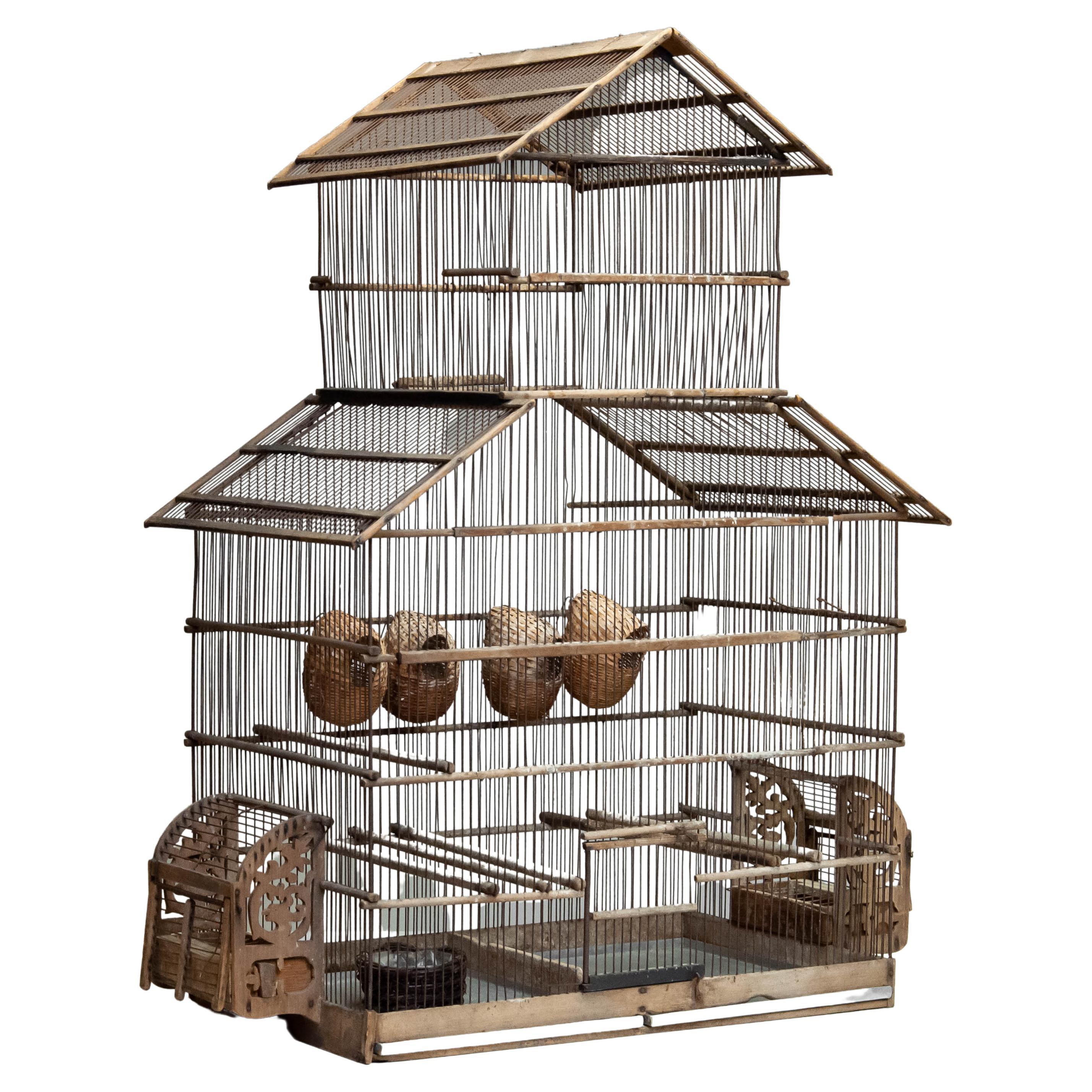 1920s Extra Large French Vintage Bird Cage in Rusty Iron and Wood