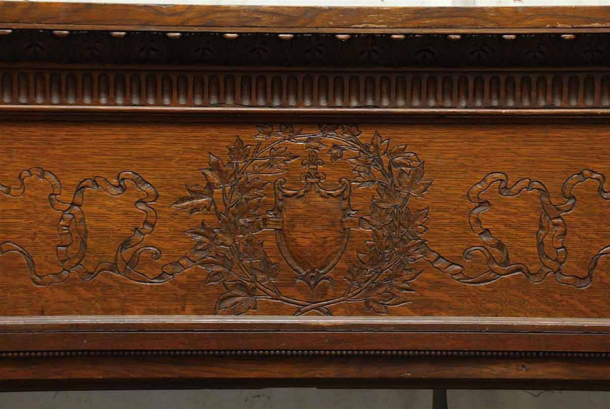 American 1920s Extra Wide Carved Oak Mantel with Hand-Carved Details