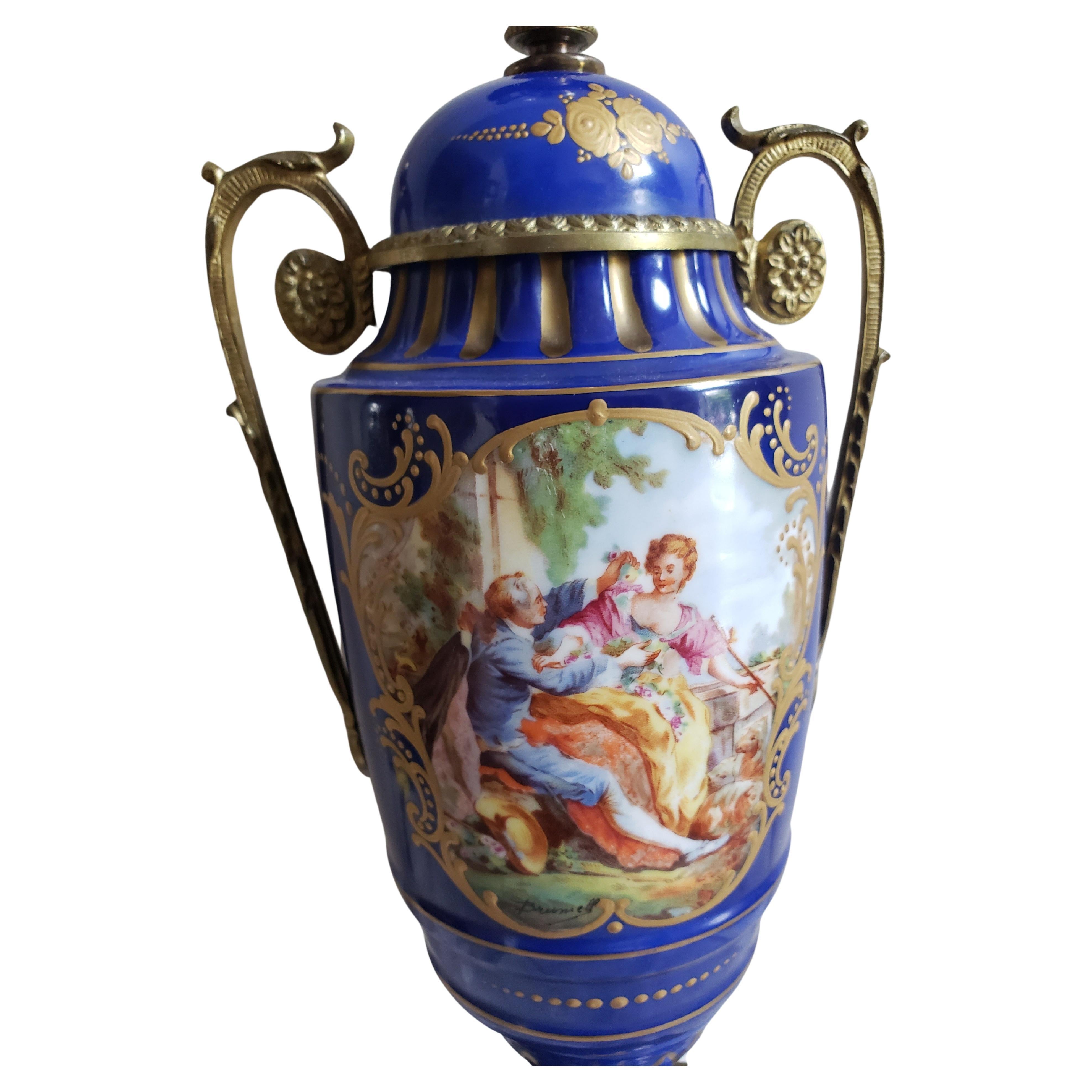 Louis XVI 1920s FBS Limoges Continental Blue Cobalt Porcelain & Gilt Vase Mounted as Lamp For Sale