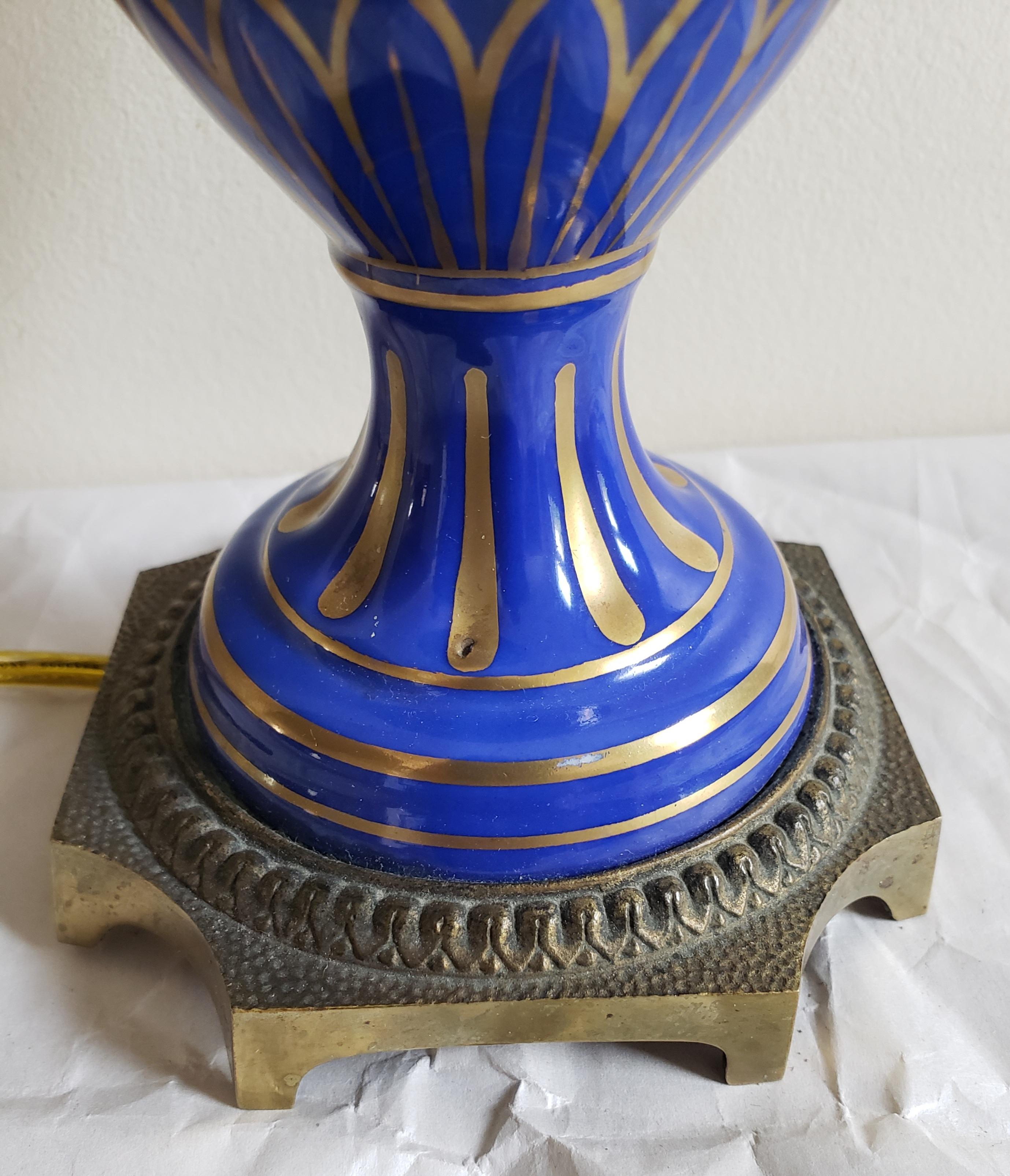 French 1920s FBS Limoges Continental Blue Cobalt Porcelain & Gilt Vase Mounted as Lamp For Sale