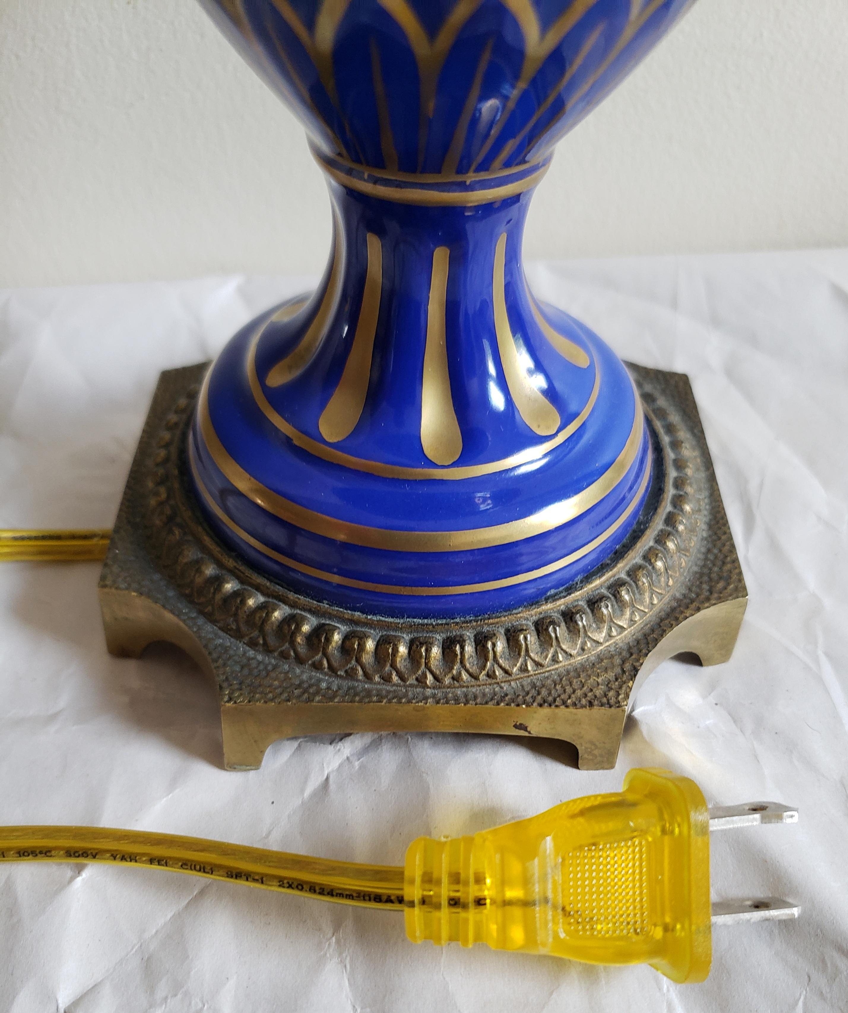1920s FBS Limoges Continental Blue Cobalt Porcelain & Gilt Vase Mounted as Lamp In Good Condition For Sale In Germantown, MD
