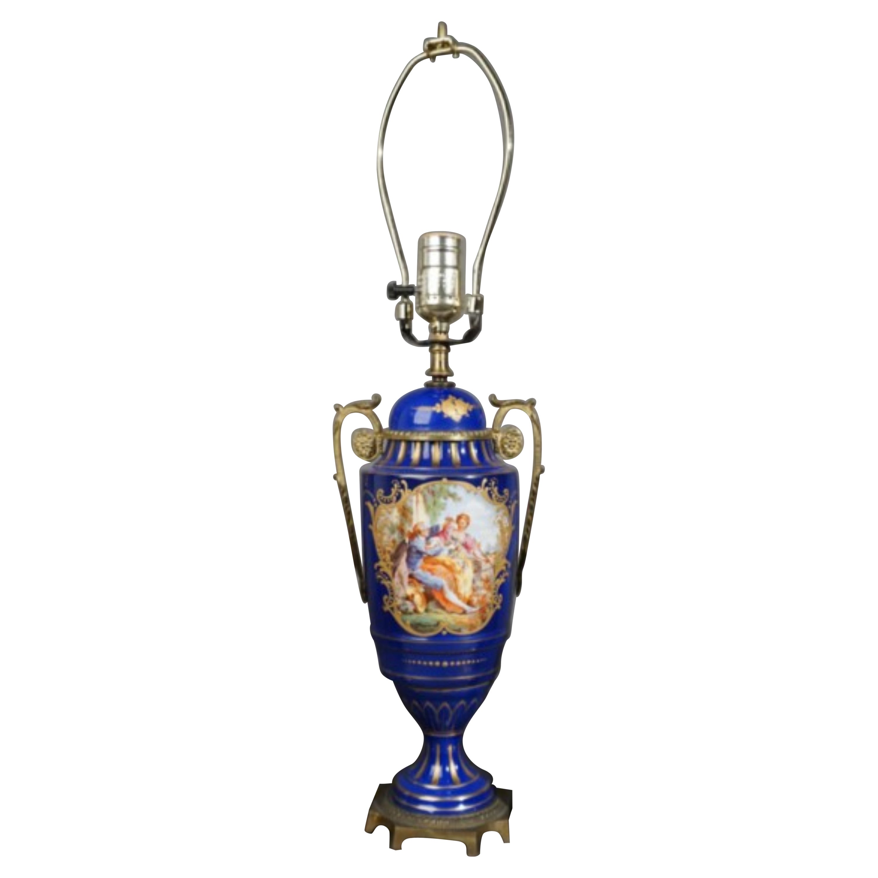 Vaso in porcellana blu cobalto e dorata FBS Limoges continentale degli anni '20 montato come lampada