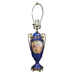 1920s FBS Limoges Continental Azul Cobalto Porcelana y Jarrón Dorado Montado como Lámpara