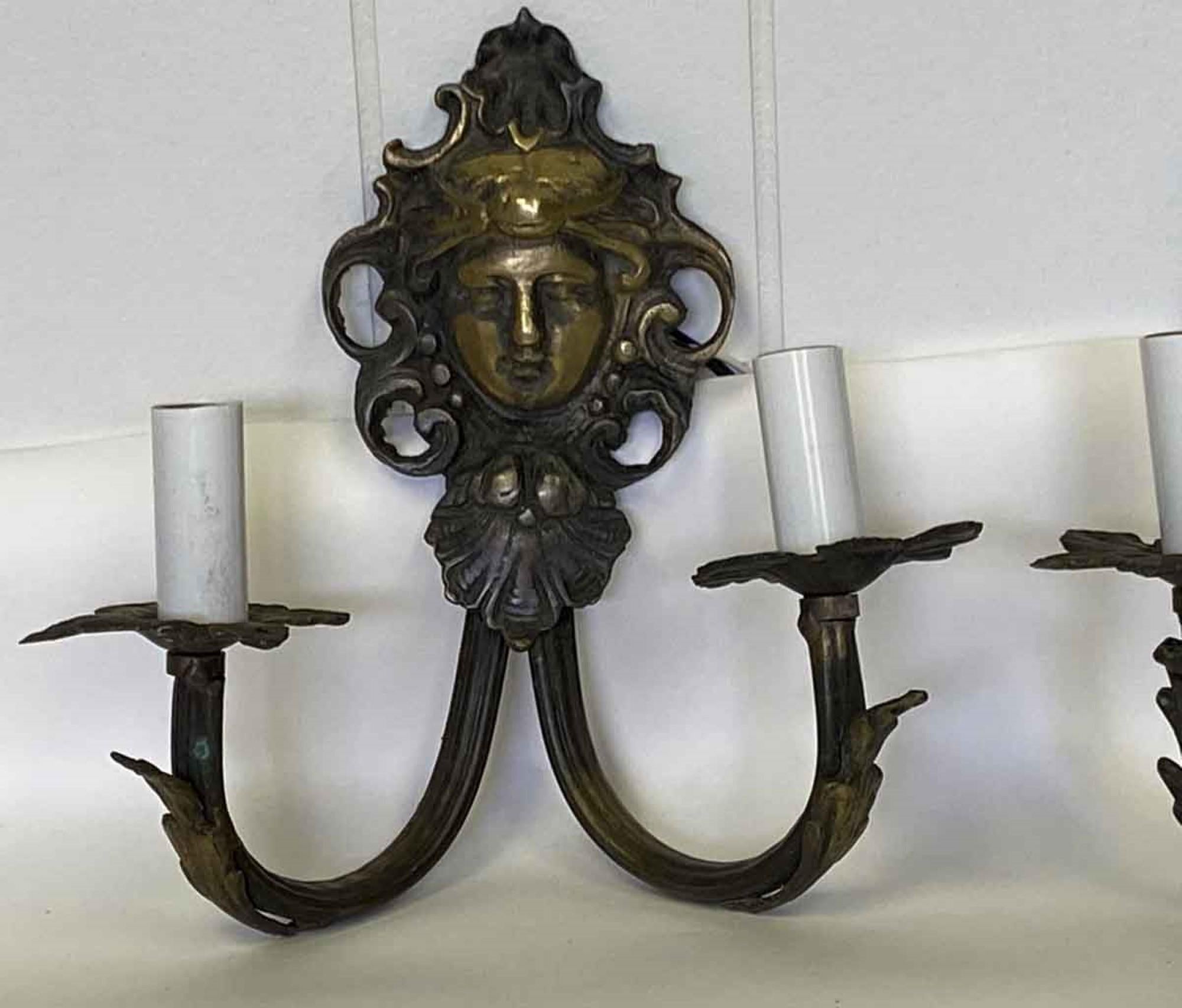 1920s Figural Cast Bronze Theater Sconces with Faces, Quantity Available In Good Condition In New York, NY