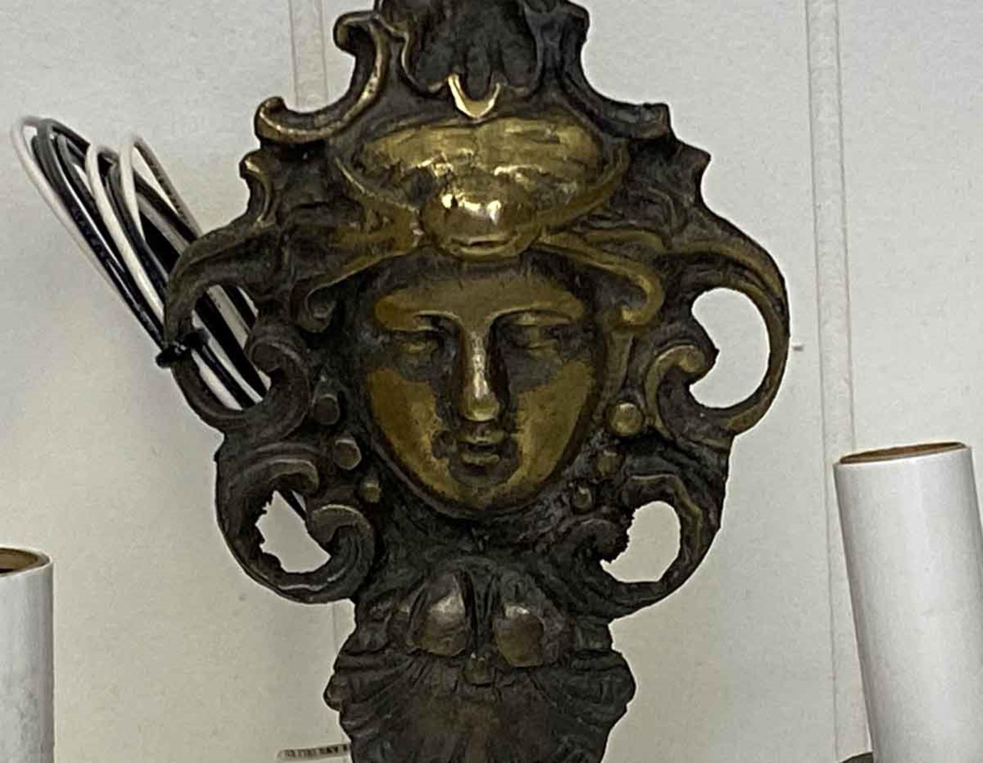 Early 20th Century 1920s Figural Cast Bronze Theater Sconces with Faces, Quantity Available