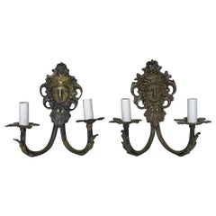 1920s Figural Cast Bronze Theater Sconces with Faces, Quantity Available