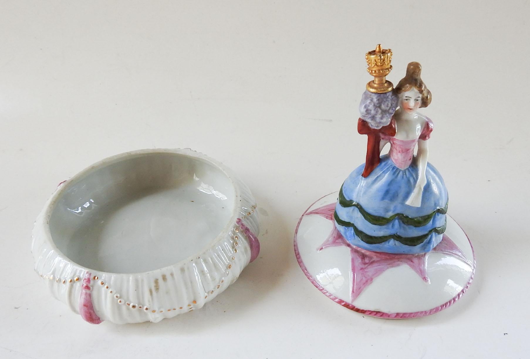 German 1920's Figural Porcelain Perfume Bottle & Trinket Box For Sale