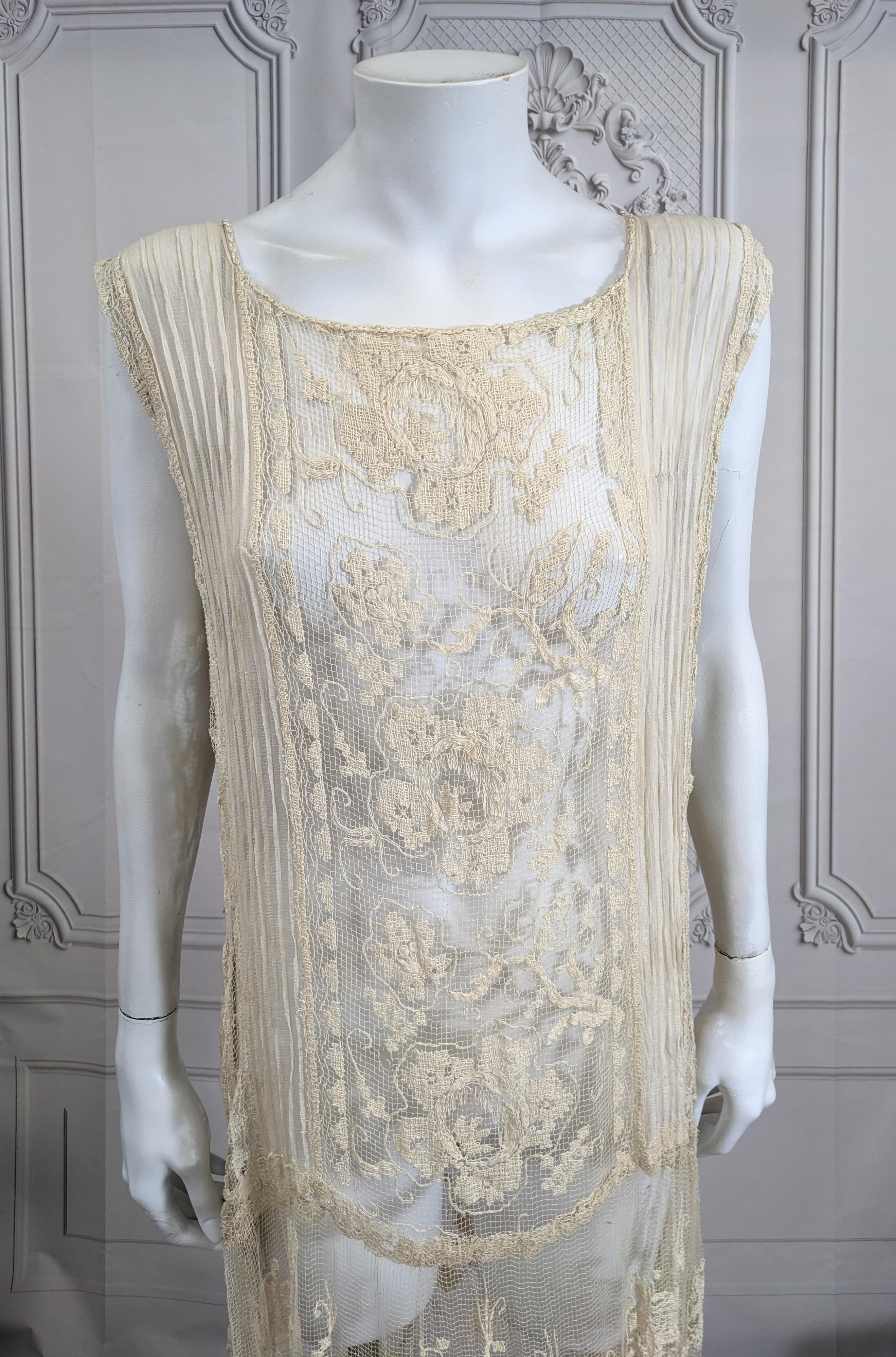 Gray 1920's Filet Lace and Chiffon Dress For Sale