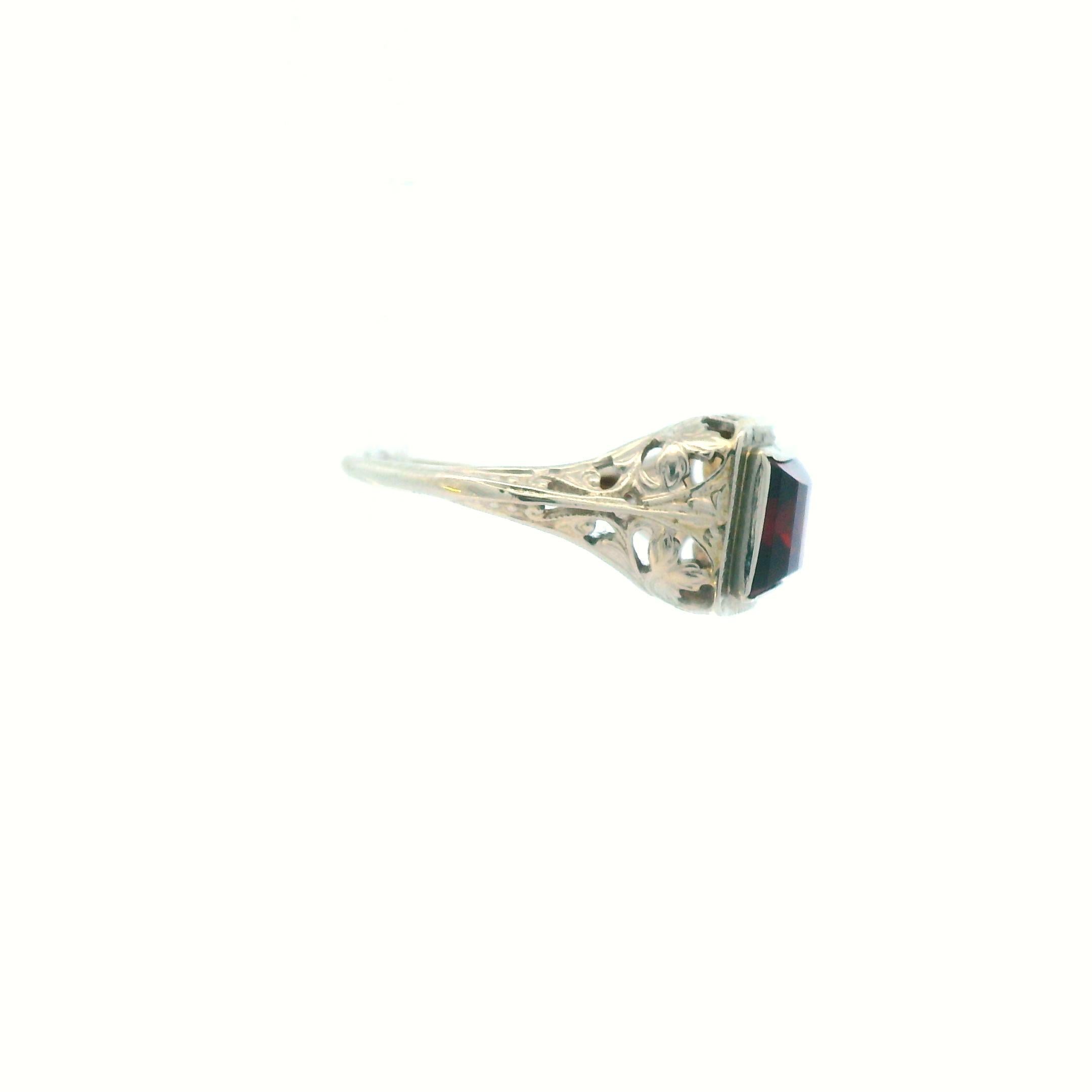 1920s Filigree 14K White Gold Garnet Ring For Sale 4