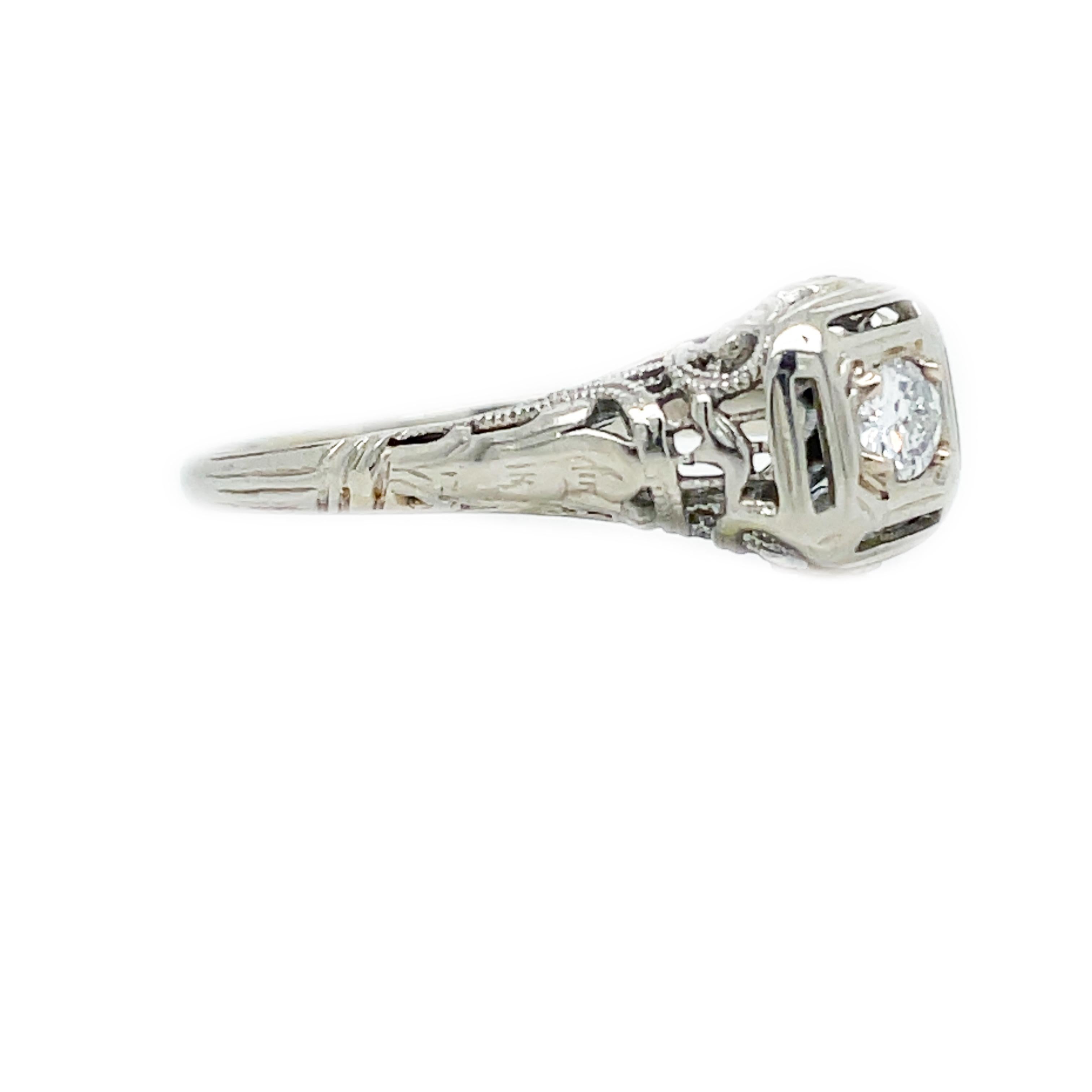 Round Cut 1920s Filigree 18K White Gold Diamond Ring For Sale