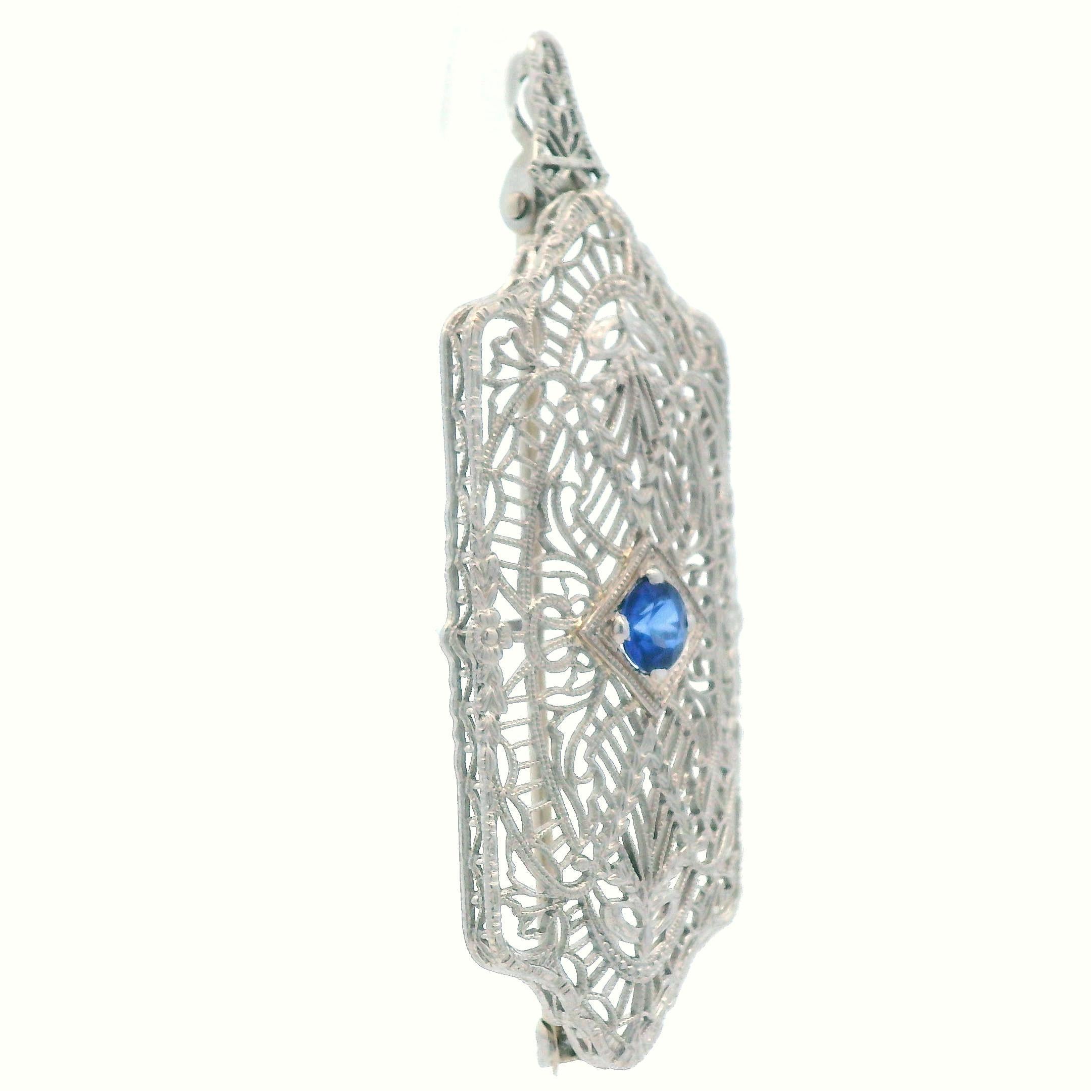 1920's Filigree Platinum Over 14K WG Gold Bright Blue Sapphire Pin/Pendant In Good Condition For Sale In Lexington, KY