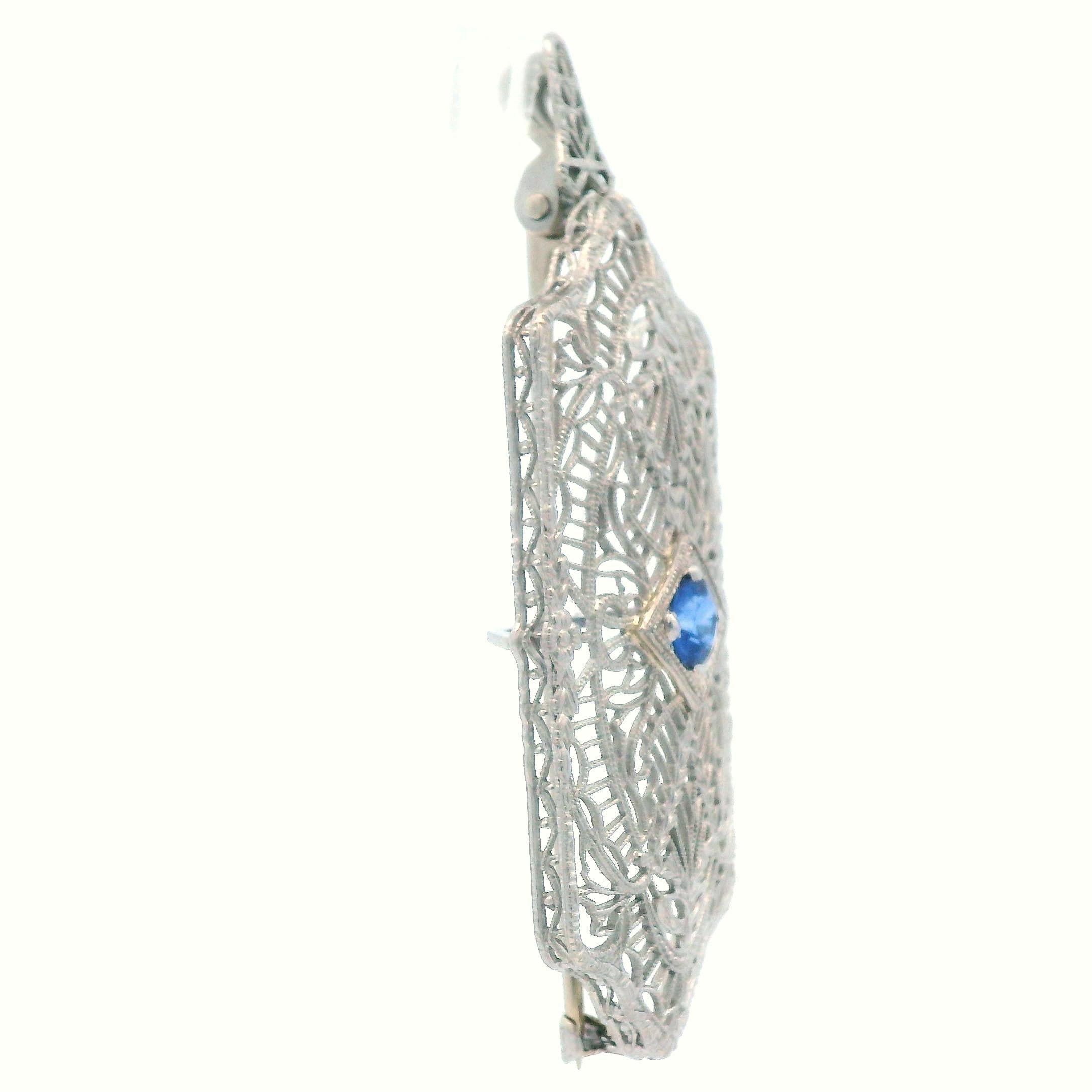 Women's 1920's Filigree Platinum Over 14K WG Gold Bright Blue Sapphire Pin/Pendant For Sale