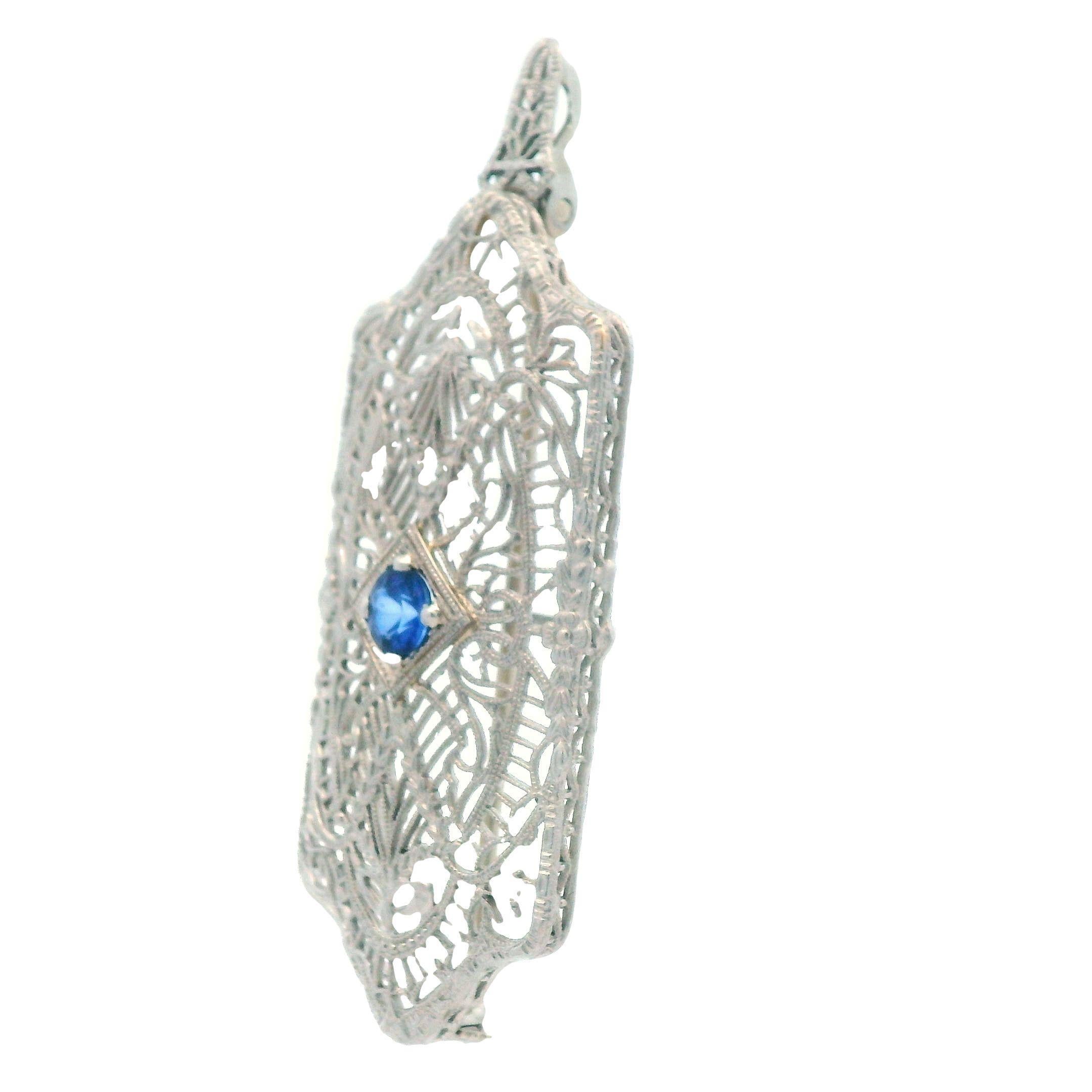 1920's Filigree Platinum Over 14K WG Gold Bright Blue Sapphire Pin/Pendant For Sale 1