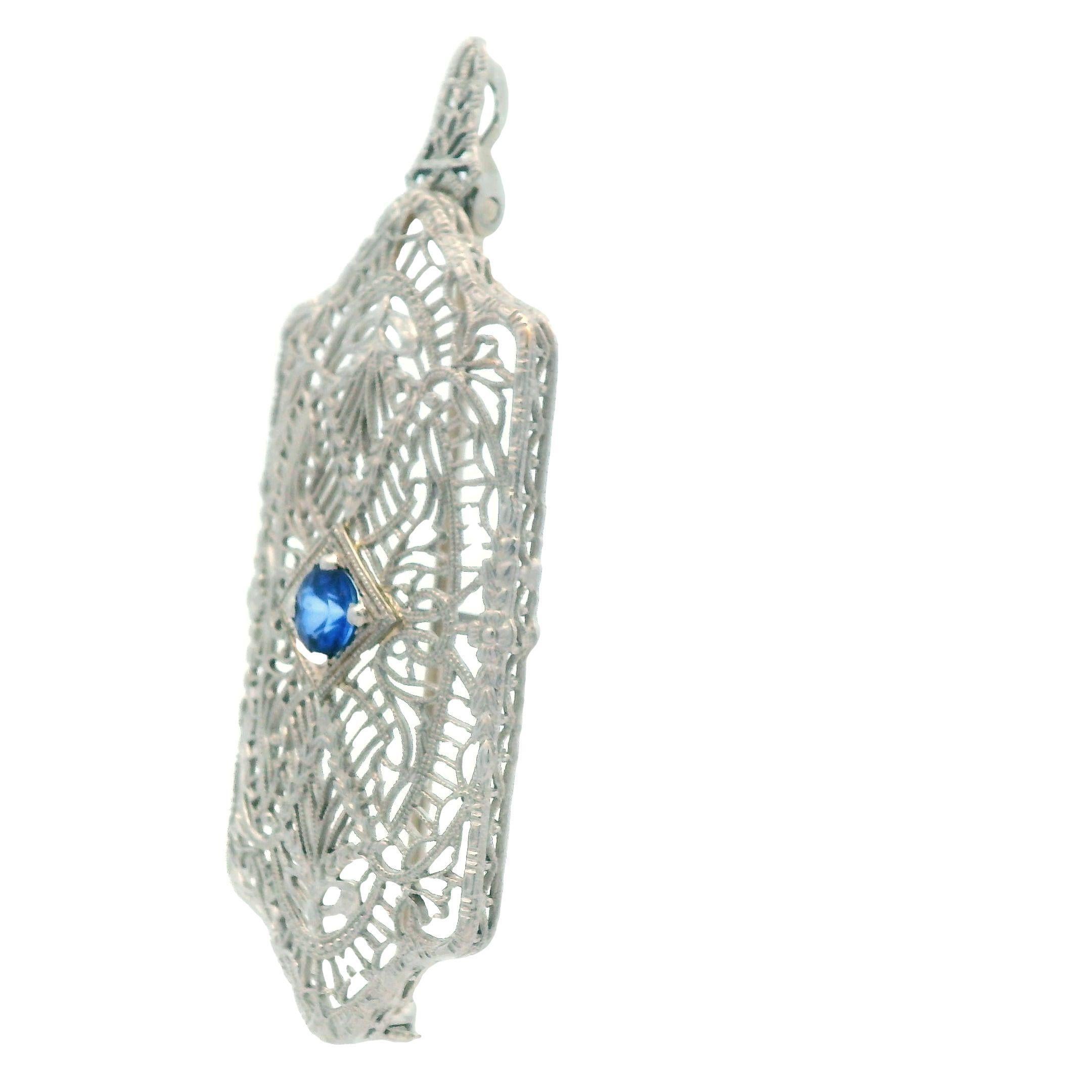 1920's Filigree Platinum Over 14K WG Gold Bright Blue Sapphire Pin/Pendant For Sale 2
