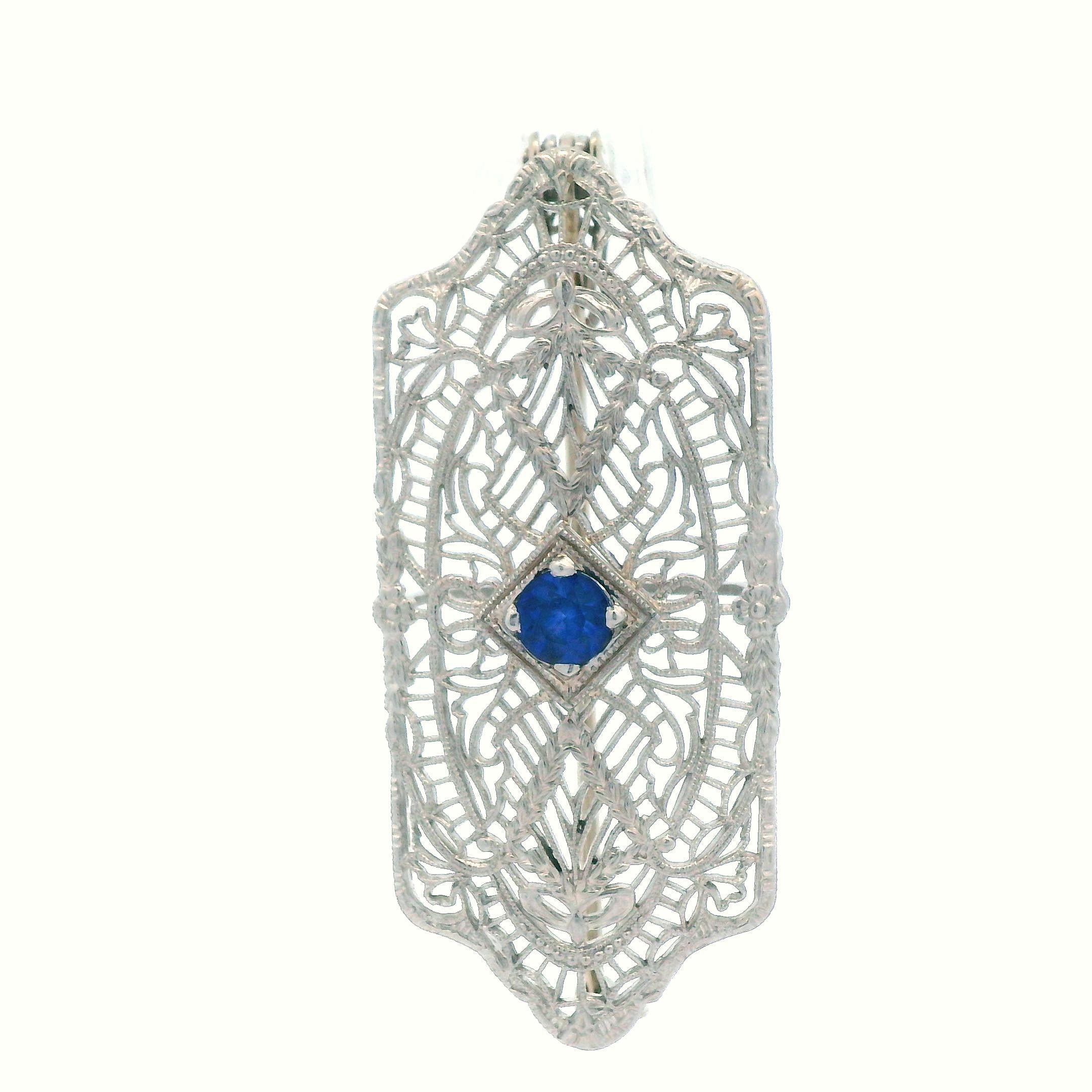 1920's Filigree Platinum Over 14K WG Gold Bright Blue Sapphire Pin/Pendant For Sale 3