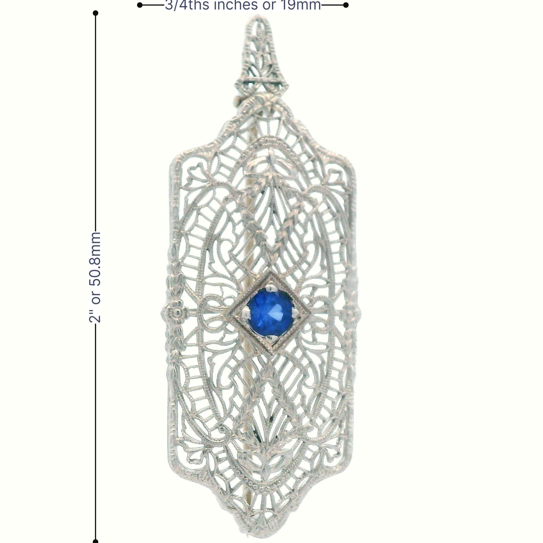 1920's Filigree Platinum Over 14K WG Gold Bright Blue Sapphire Pin/Pendant For Sale 4