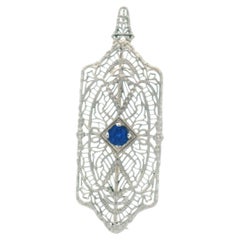 Spilla/pendente in filigrana del 1920 in platino su oro 14K con zaffiro blu brillante