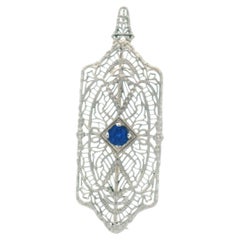 Antique 1920's Filigree Platinum Over 14K WG Gold Bright Blue Sapphire Pin/Pendant