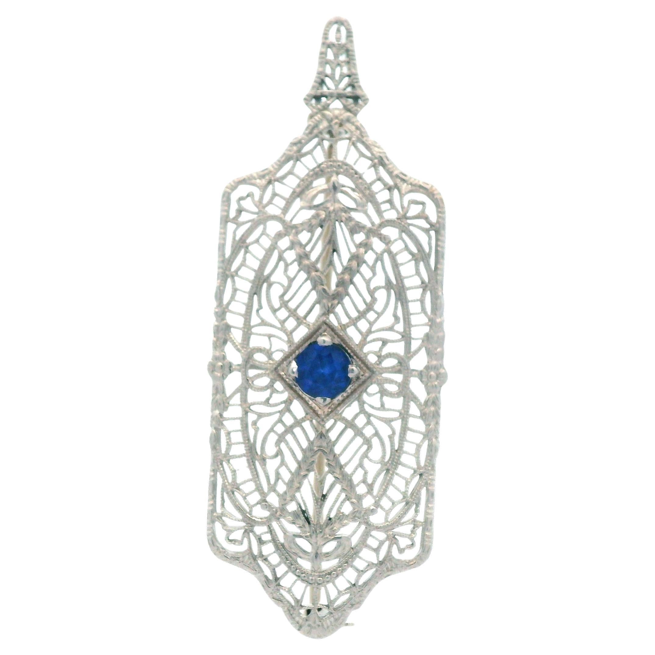 1920's Filigree Platinum Over 14K WG Gold Bright Blue Sapphire Pin/Pendant