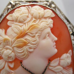 1920s Filigree Three Color Shell Cameo in 14K White Gold Diamond Pin Pendant