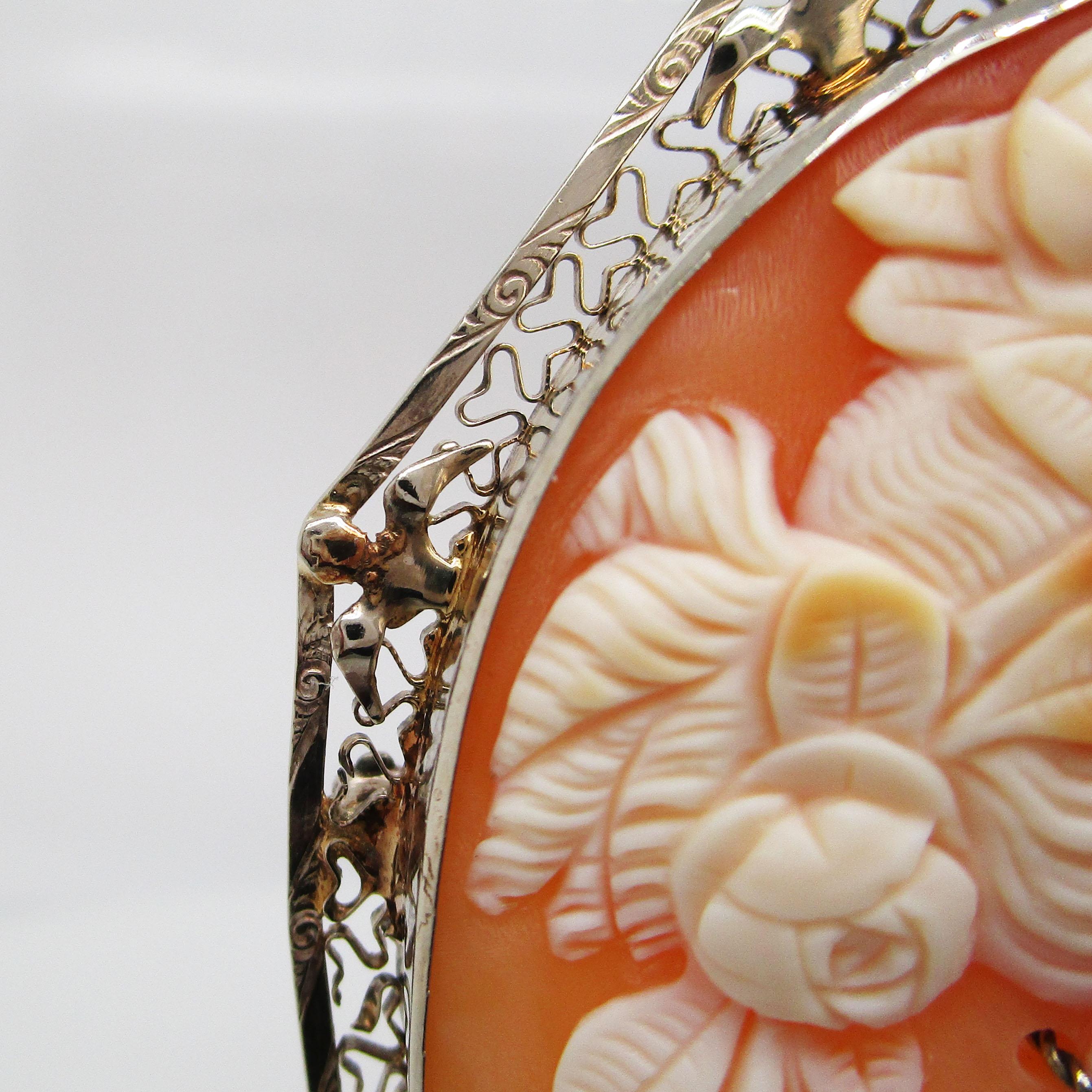 Art Deco 1920s Filigree Three Color Shell Cameo in 14K White Gold Diamond Pin Pendant For Sale