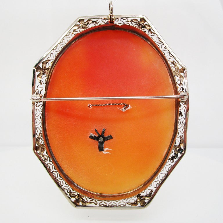 1920s Filigree Three Color Shell Cameo in 14K White Gold Diamond Pin ...