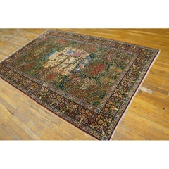 1920s Fine Green Small Pictorial Garden of Paradise Antique Floral Kerman Rug