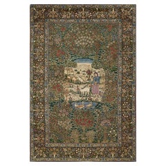 1920s Fine Green Small Pictorial Garden of Paradise Antique Floral Kerman Rug