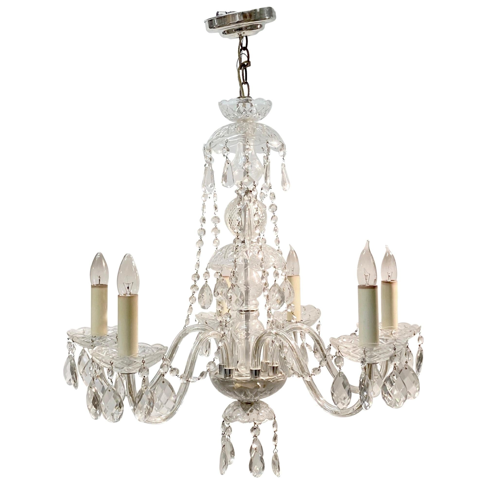 1920s Five-Arm Clear Crystal Chandelier with Crystal Swags