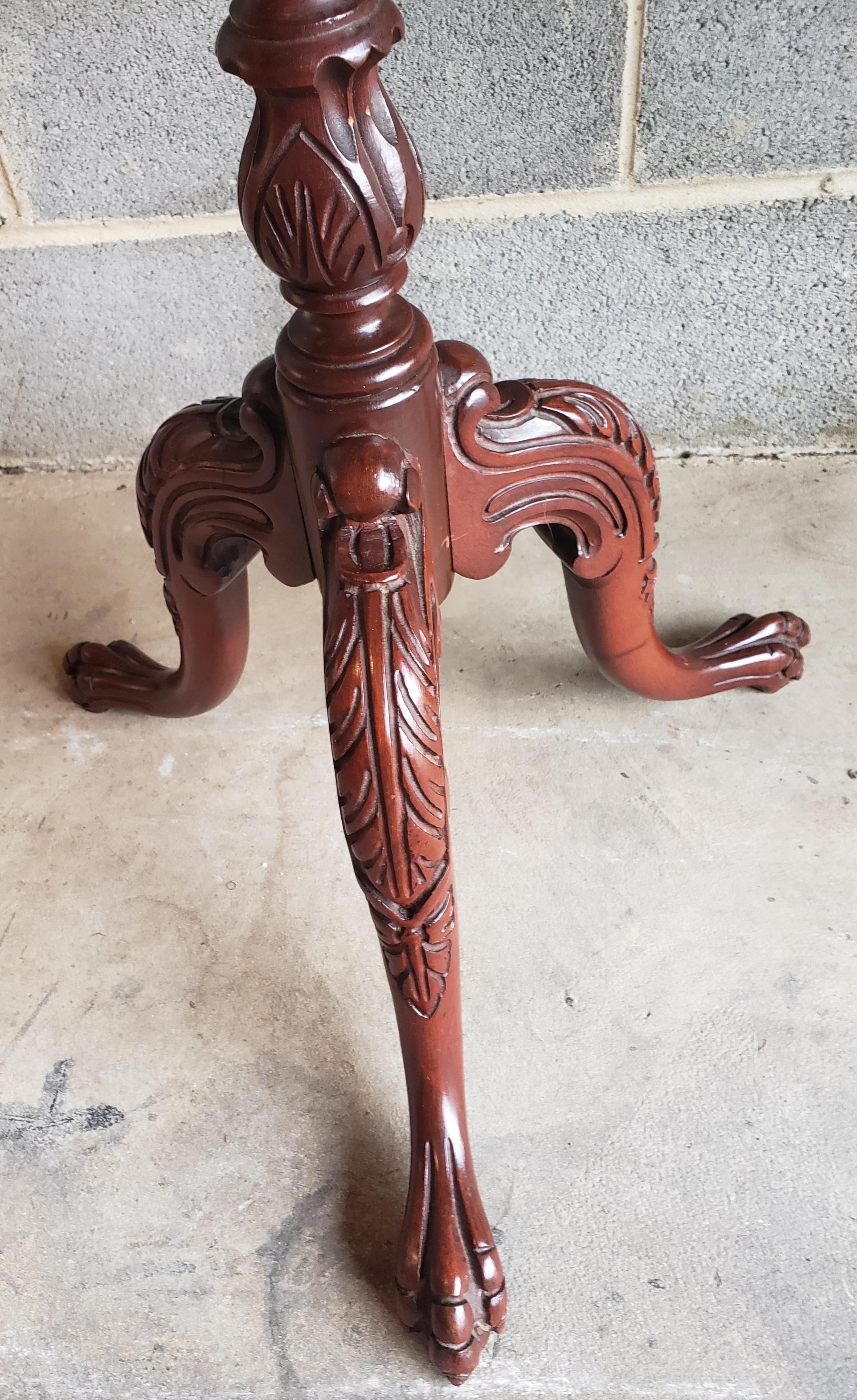 Hand-Carved 1920s Flame Mahogany Pie Crust Side Tables, a Pair