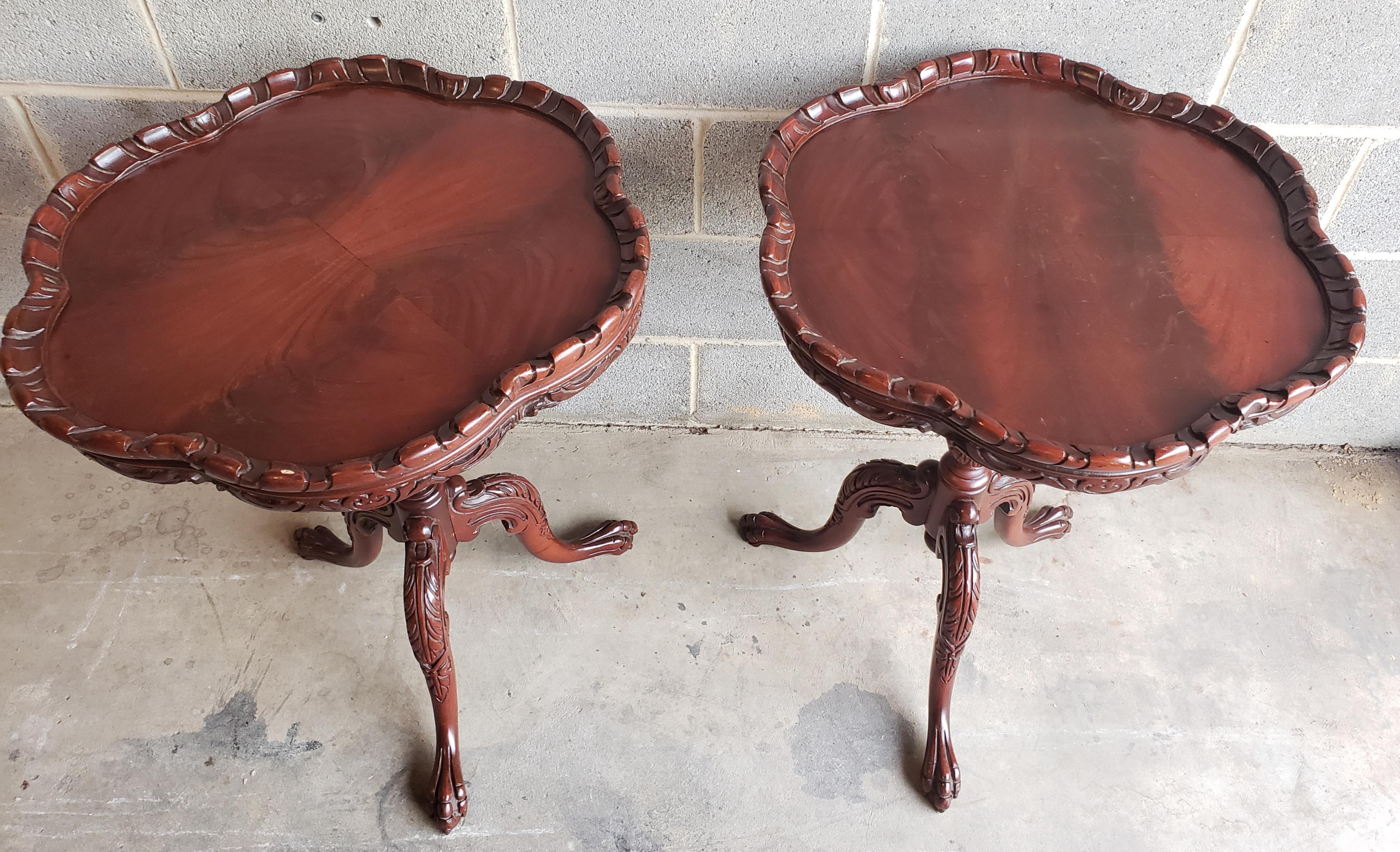 1920s Flame Mahogany Pie Crust Side Tables, a Pair In Good Condition In Germantown, MD