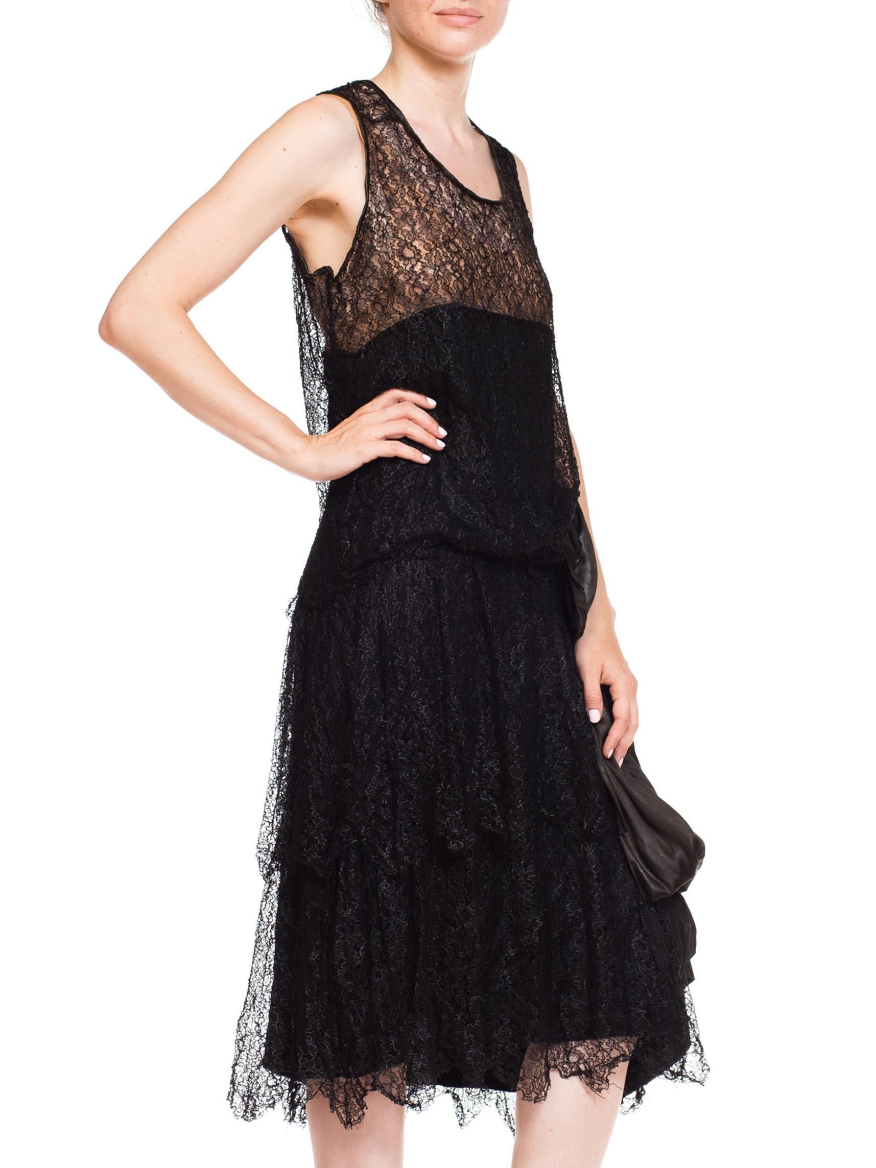 1920S Black Silk Lace Flapper Cocktail Dress With Built In Slip & Large Charmeuse Sash
