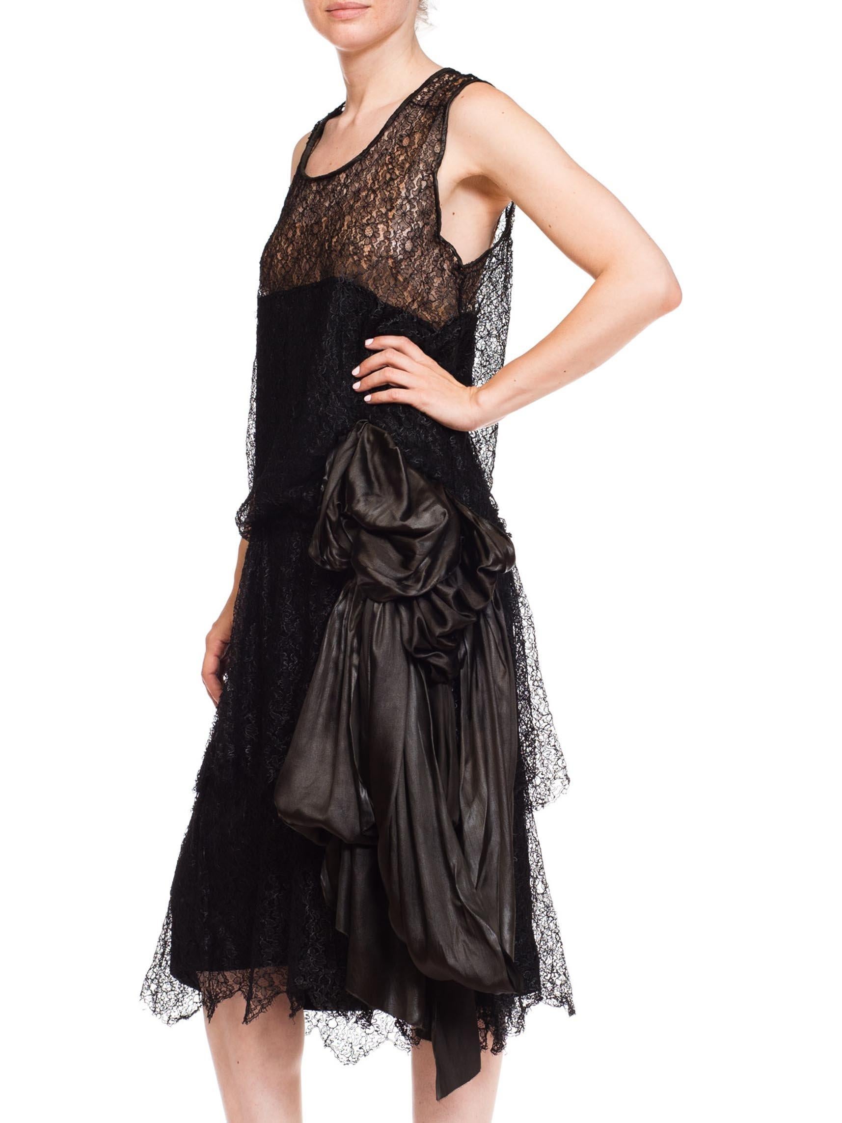 1920S Black Silk Lace Flapper Cocktail Dress With Built In Slip & Large Charmeu In Excellent Condition For Sale In New York, NY