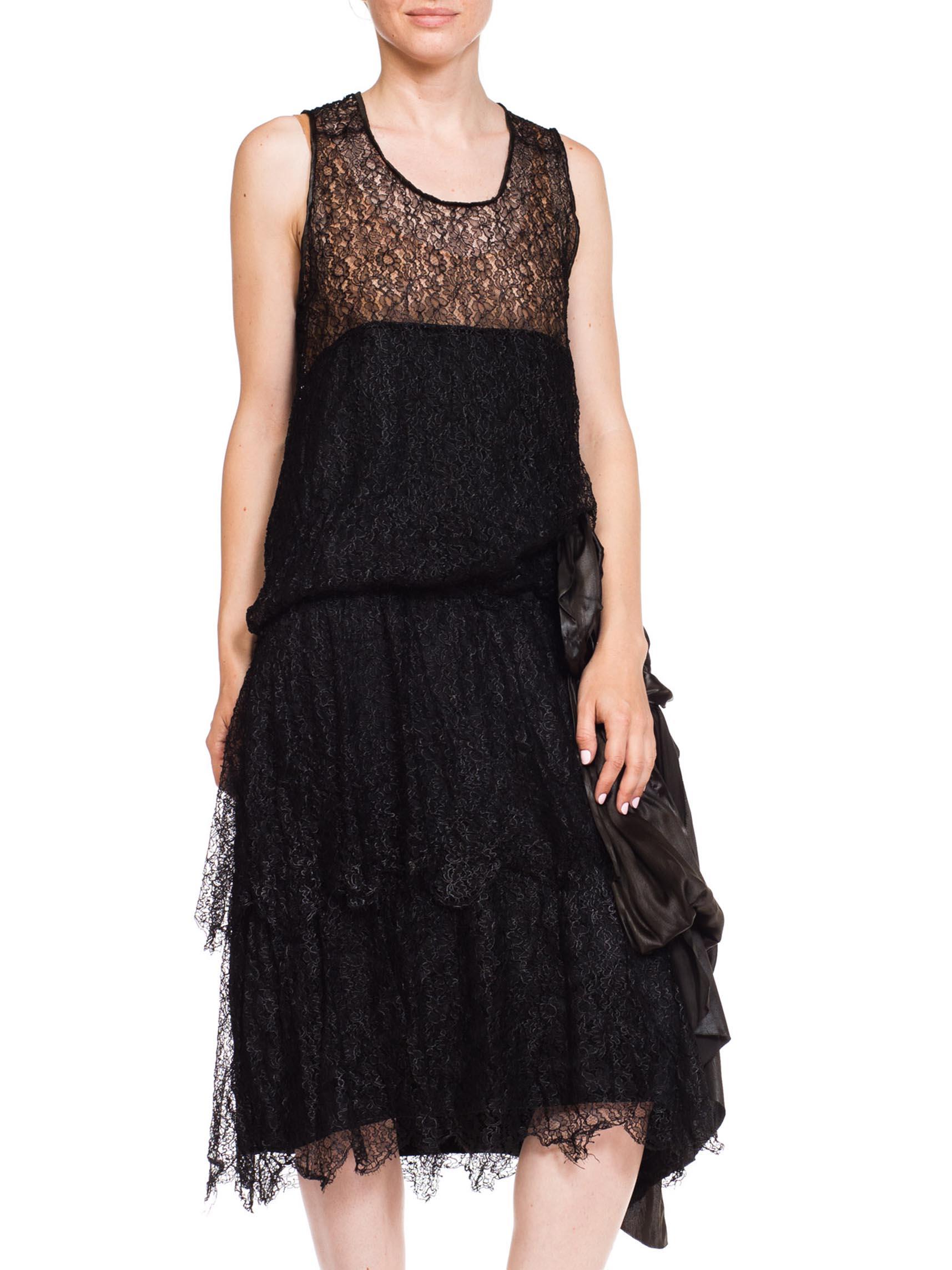 Women's 1920S Black Silk Lace Flapper Cocktail Dress With Built In Slip & Large Charmeu For Sale