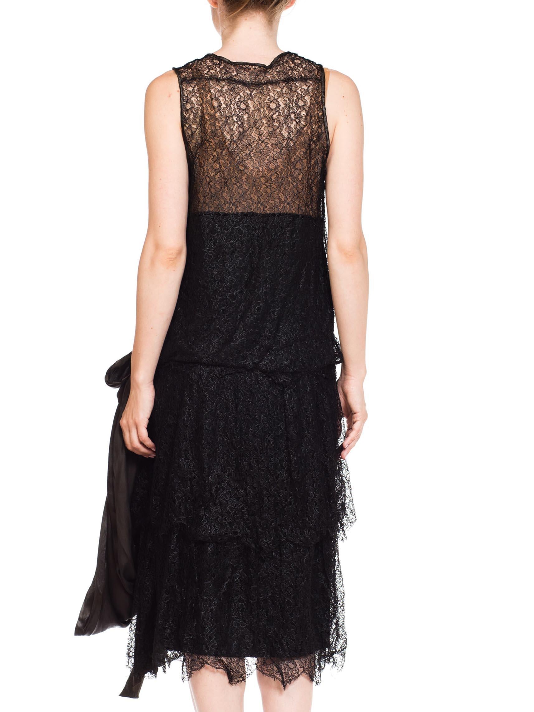 1920S Black Silk Lace Flapper Cocktail Dress With Built In Slip & Large Charmeu For Sale 2