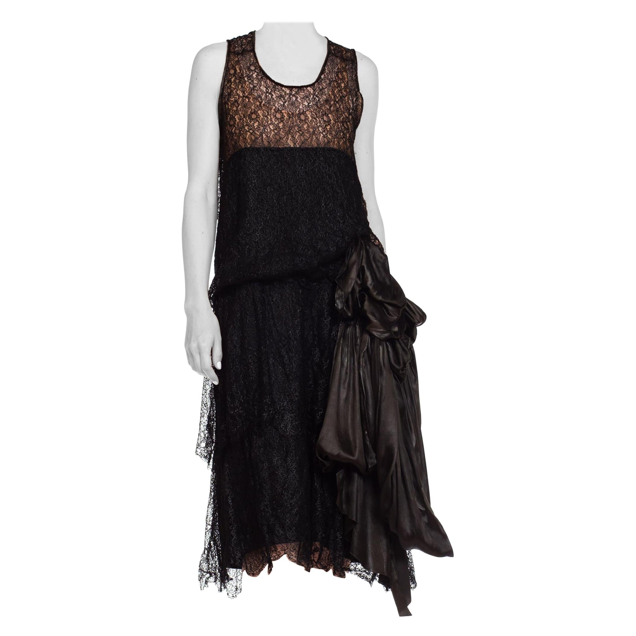 1920S Black Silk Lace Flapper Cocktail Dress With Built In Slip & Large Charmeu For Sale