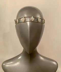 1920's Flapper Headband with Rhinestone Flowers and a Cream Silk Ribbon Tie