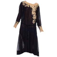 1920s Flapper Sheer Silk Dress With Hand Stitched Lace