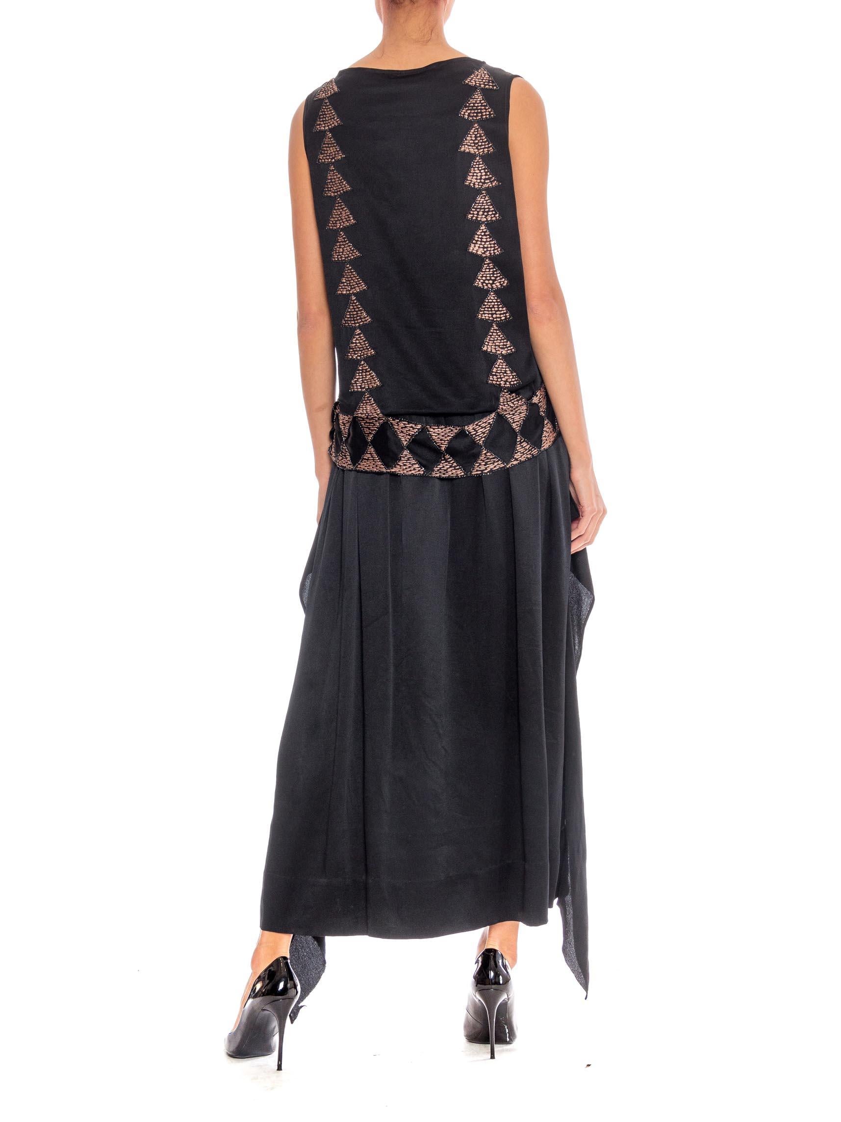 Women's 1920S Black Silk Charmeuse  Lanvin Style Beaded & Embroidered Dress With Drop W
