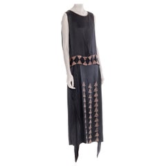 1920S Black Silk Charmeuse  Lanvin Style Beaded & Embroidered Dress With Drop W