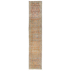 1920s Floral Vintage Heriz Handmade Wool Runner with Rust Field